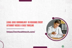 Legal case chronology importance explained with a professional examining documents in an office setting.