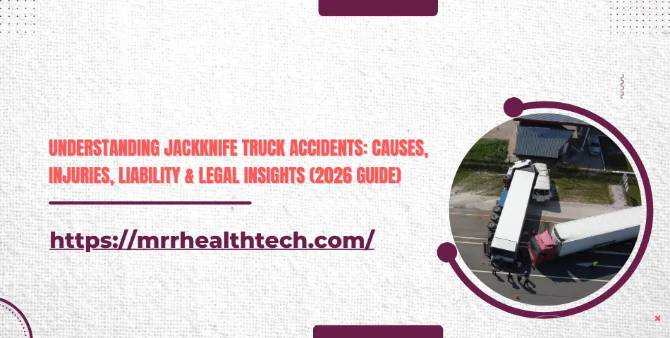 view of a jackknife truck accident showing a semi-truck folded at a sharp angle on the road, used to illustrate causes, injuries, liability, and legal consideration