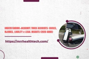 view of a jackknife truck accident showing a semi-truck folded at a sharp angle on the road, used to illustrate causes, injuries, liability, and legal consideration