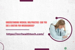 Frustrated female doctor holding her forehead, illustrating stress related to medical malpractice and misdiagnosis.