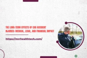 Senior man standing by a damaged car, showing discomfort from car accident injuries.