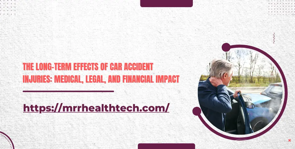 Senior man standing by a damaged car, showing discomfort from car accident injuries.