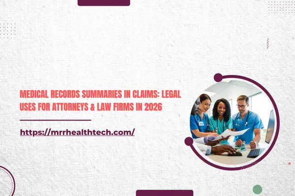 Three healthcare workers discussing patient files with a computer screen, highlighting medical record summaries in claims.