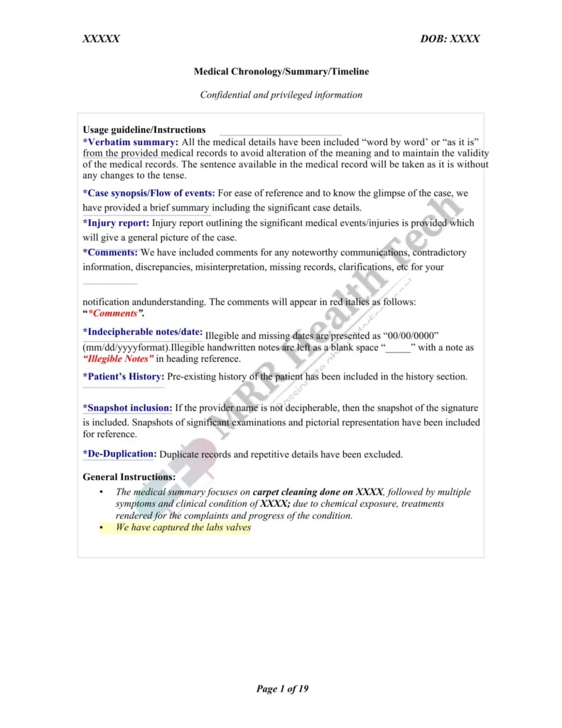 Medical chronology sample for Chemical Exposure