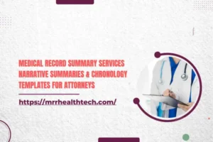 Medical record summary services offering narrative summaries and chronology templates for attorneys with a doctor holding a clipboard.