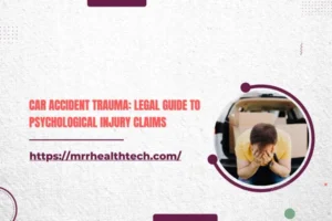 Visual of car accident trauma, featuring a man with head down beside a vehicle.